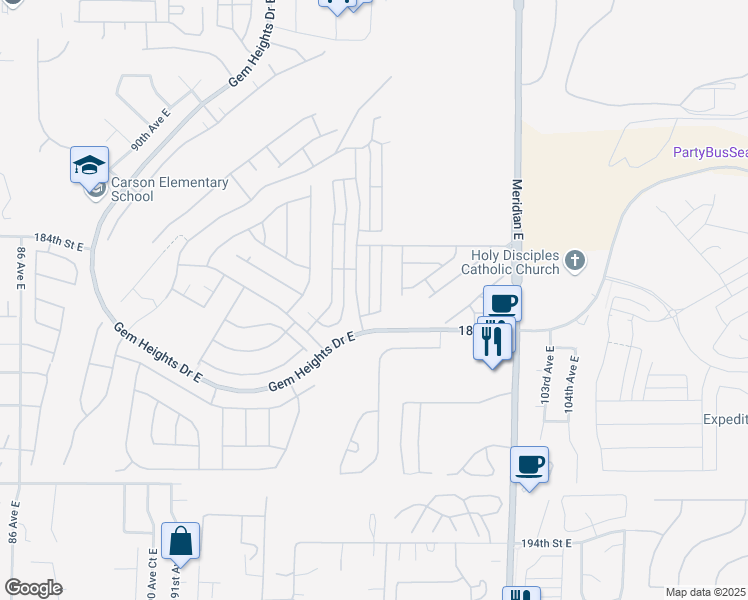 map of restaurants, bars, coffee shops, grocery stores, and more near 18542 97th Avenue Court East in Puyallup