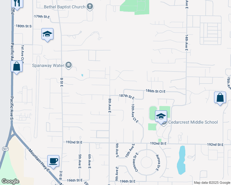 map of restaurants, bars, coffee shops, grocery stores, and more near 18519 8th Avenue East in Spanaway