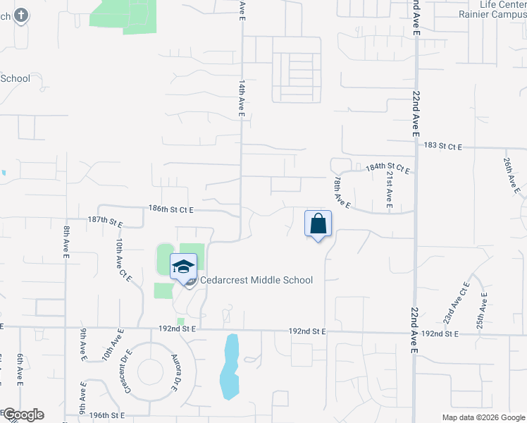 map of restaurants, bars, coffee shops, grocery stores, and more near 1510 185th Street Court East in Spanaway