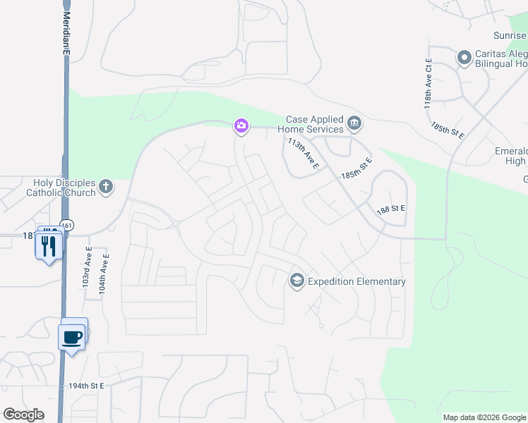 map of restaurants, bars, coffee shops, grocery stores, and more near 18649 110th Avenue East in Puyallup