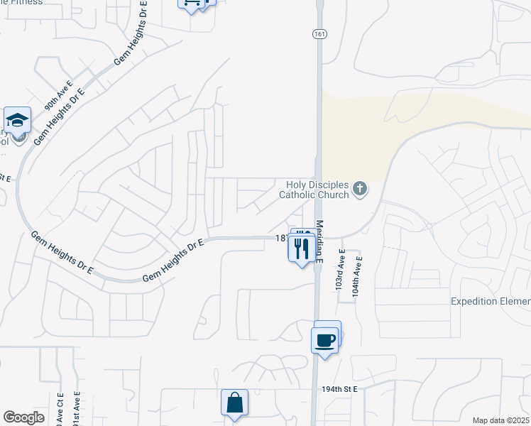map of restaurants, bars, coffee shops, grocery stores, and more near 18525 101st Avenue East in Puyallup