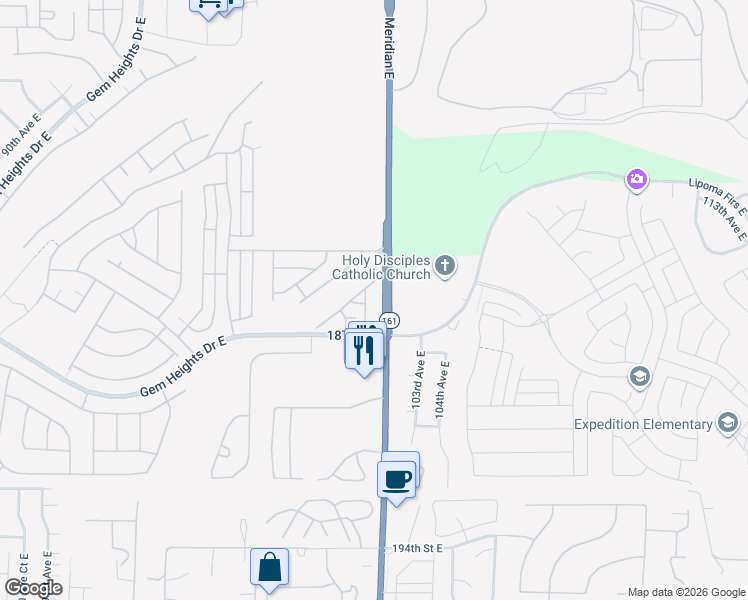 map of restaurants, bars, coffee shops, grocery stores, and more near 10109 186th Street East in Puyallup