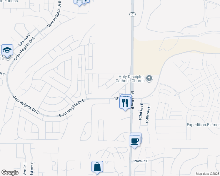 map of restaurants, bars, coffee shops, grocery stores, and more near 18525 101st Avenue East in Puyallup