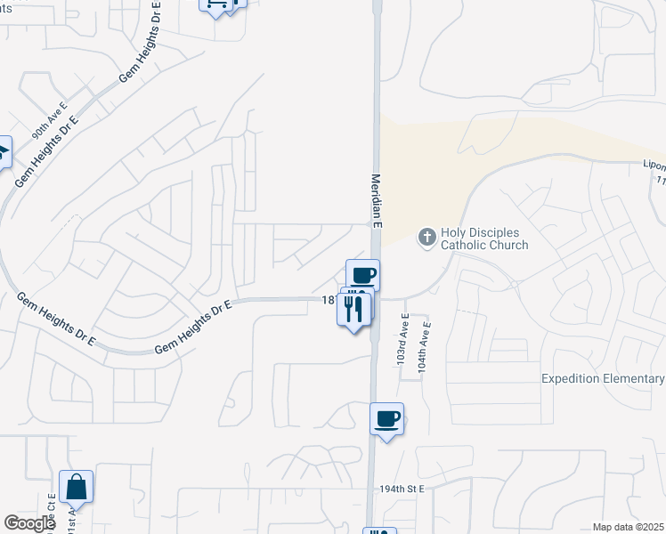map of restaurants, bars, coffee shops, grocery stores, and more near 10011 186th Street East in Puyallup