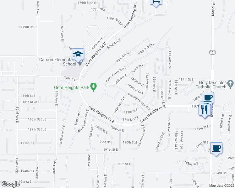 map of restaurants, bars, coffee shops, grocery stores, and more near 18612 94th Lane East in Puyallup