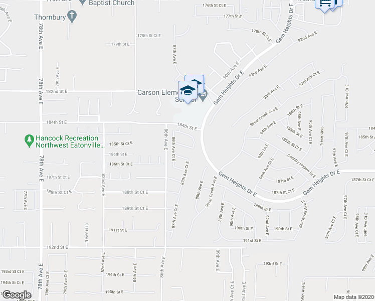 map of restaurants, bars, coffee shops, grocery stores, and more near 8712 185th Street Court East in Puyallup