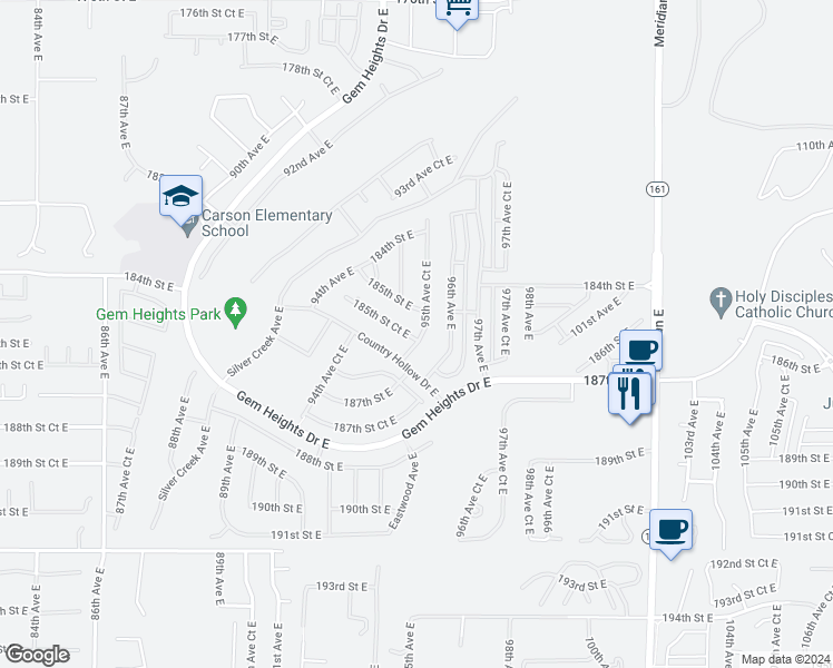 map of restaurants, bars, coffee shops, grocery stores, and more near 18518 95th Avenue Court East in Puyallup
