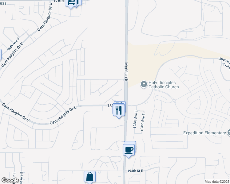 map of restaurants, bars, coffee shops, grocery stores, and more near 10109 186th Street East in Puyallup