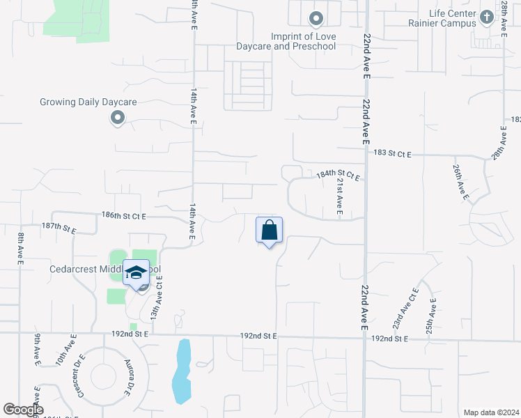 map of restaurants, bars, coffee shops, grocery stores, and more near 1703 186th Street Court East in Spanaway