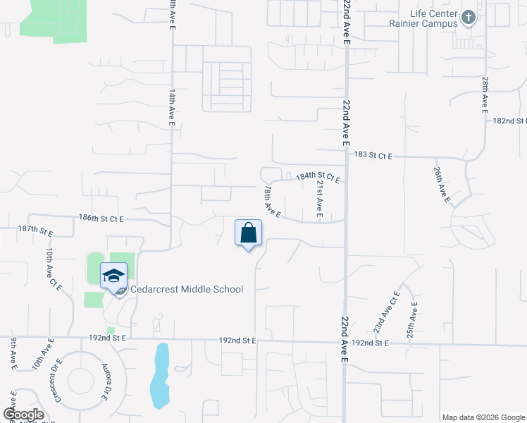 map of restaurants, bars, coffee shops, grocery stores, and more near 18513 18th Avenue East in Spanaway
