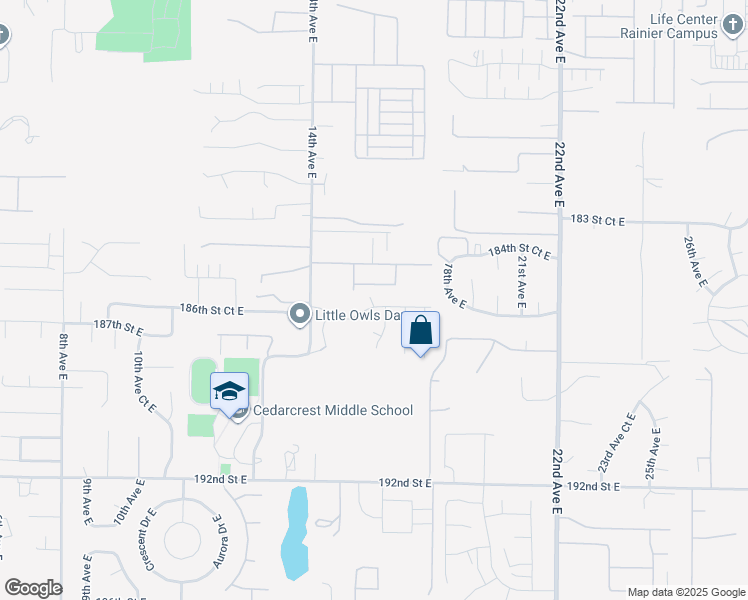 map of restaurants, bars, coffee shops, grocery stores, and more near 1601 186th Street Court East in Spanaway