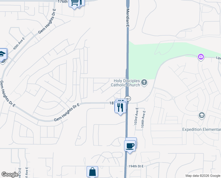 map of restaurants, bars, coffee shops, grocery stores, and more near 18503 101st Avenue East in Puyallup