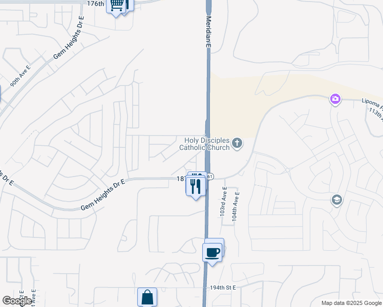 map of restaurants, bars, coffee shops, grocery stores, and more near 10109 186th Street East in Puyallup