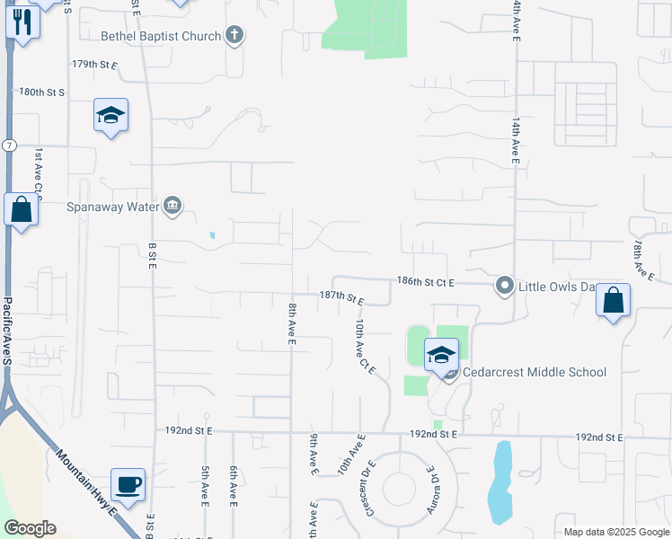 map of restaurants, bars, coffee shops, grocery stores, and more near 917 186th Street Court East in Spanaway