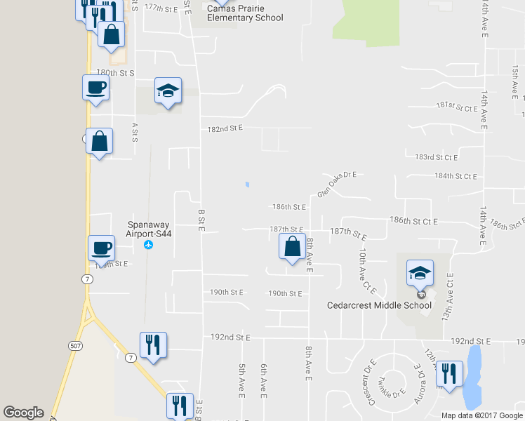 map of restaurants, bars, coffee shops, grocery stores, and more near 520 186th Street East in Spanaway