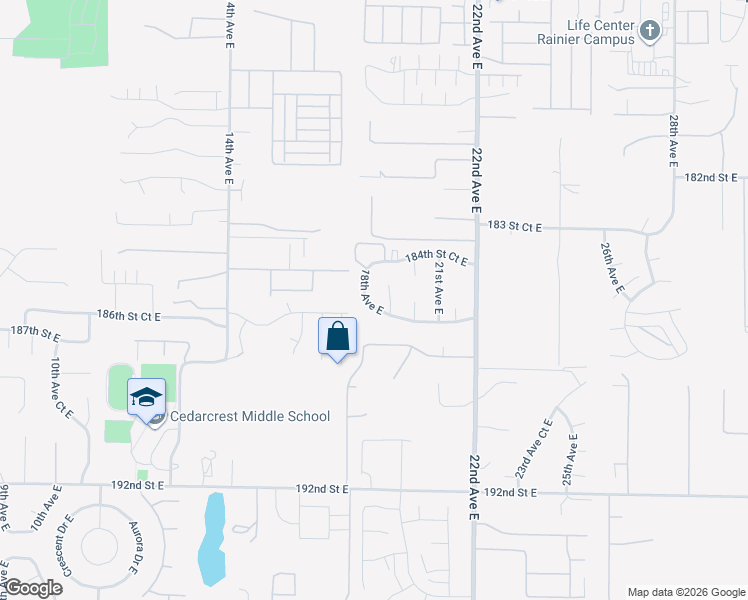 map of restaurants, bars, coffee shops, grocery stores, and more near 18513 18th Avenue East in Spanaway