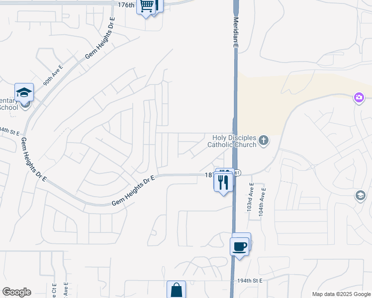 map of restaurants, bars, coffee shops, grocery stores, and more near 18532 100th Avenue East in Puyallup
