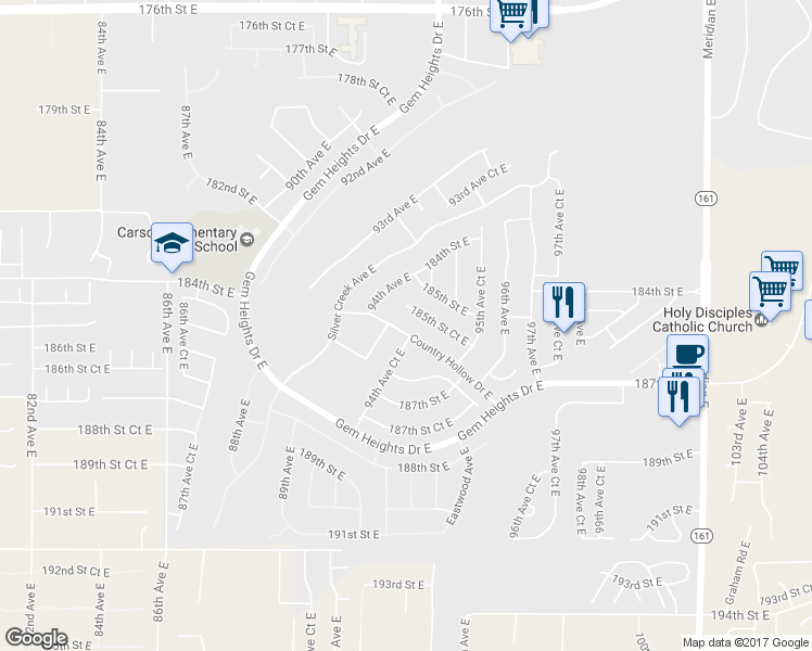 map of restaurants, bars, coffee shops, grocery stores, and more near 9429 Country Hollow Drive East in Puyallup