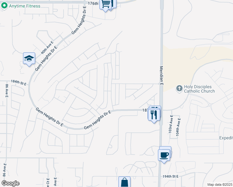 map of restaurants, bars, coffee shops, grocery stores, and more near 18506 97th Avenue Court East in Puyallup