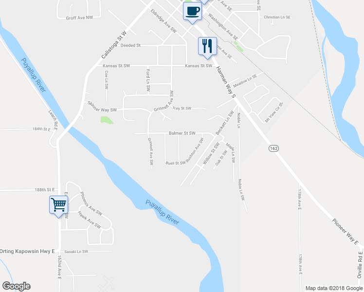 map of restaurants, bars, coffee shops, grocery stores, and more near 508 Carrier Avenue Southwest in Orting