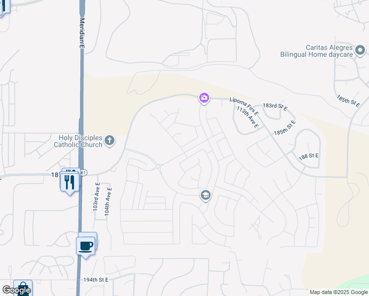 map of restaurants, bars, coffee shops, grocery stores, and more near 10706 185th Street East in Puyallup