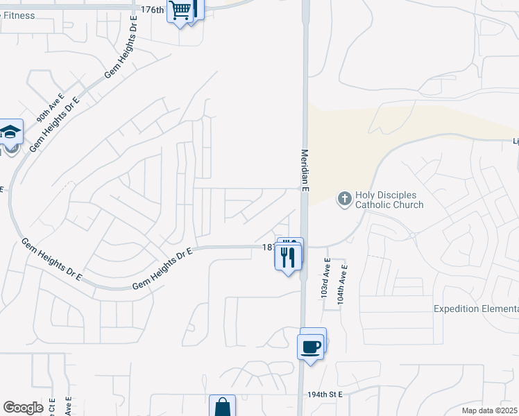 map of restaurants, bars, coffee shops, grocery stores, and more near 18502 101st Avenue East in Puyallup