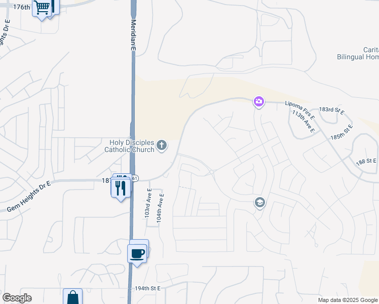map of restaurants, bars, coffee shops, grocery stores, and more near 10423 Rainier Ridge Boulevard East in Puyallup