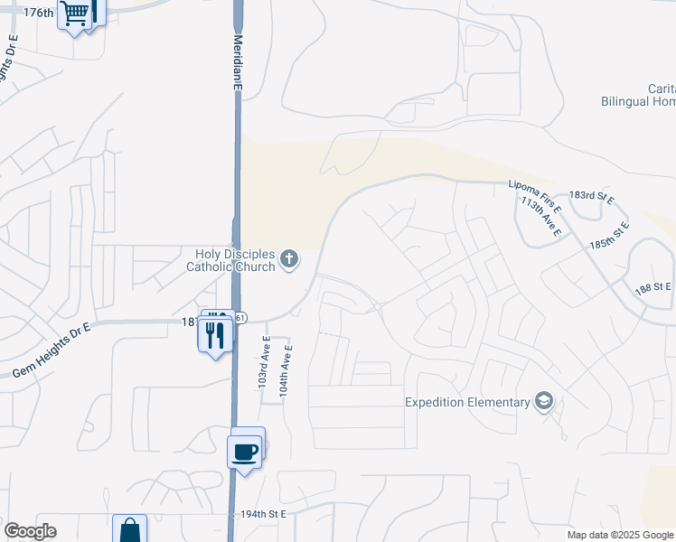 map of restaurants, bars, coffee shops, grocery stores, and more near 10423 Rainier Ridge Boulevard East in Puyallup