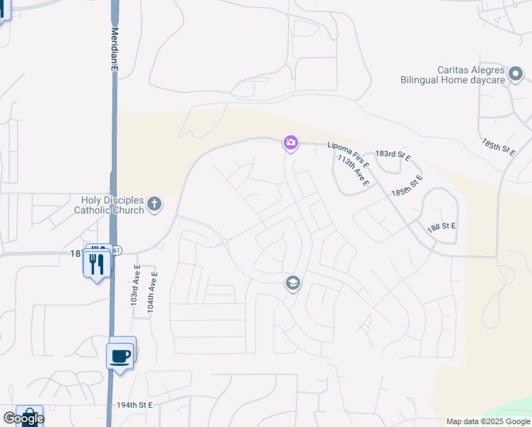 map of restaurants, bars, coffee shops, grocery stores, and more near 10706 185th Street East in Puyallup