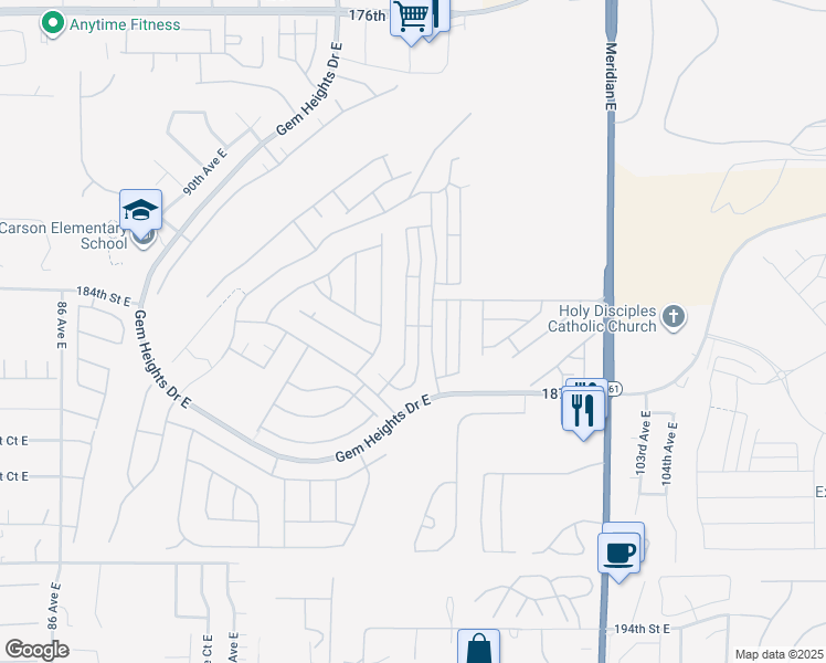 map of restaurants, bars, coffee shops, grocery stores, and more near 18503 96th Avenue East in Puyallup