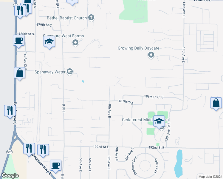 map of restaurants, bars, coffee shops, grocery stores, and more near 18519 8th Avenue East in Spanaway