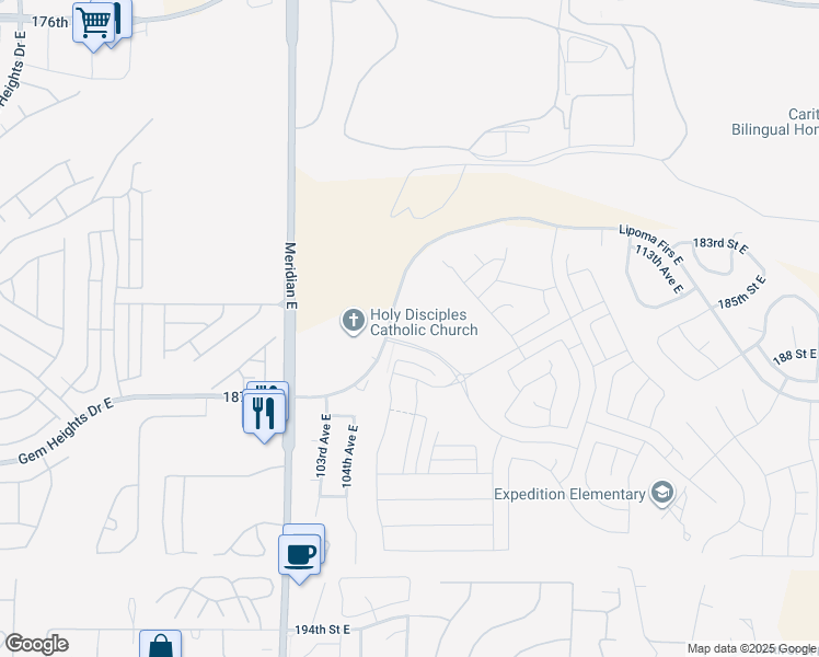 map of restaurants, bars, coffee shops, grocery stores, and more near 18615 Meridian Avenue East in Puyallup