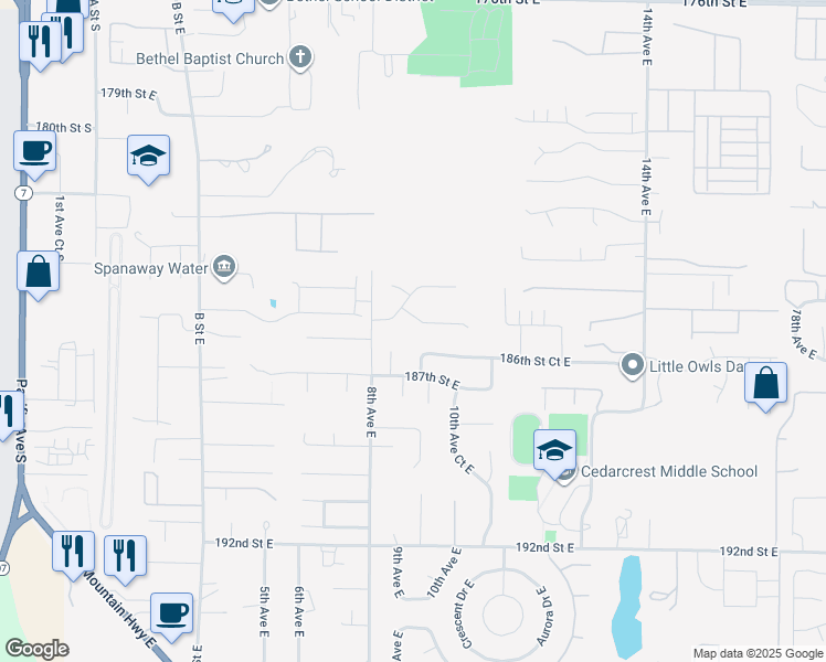 map of restaurants, bars, coffee shops, grocery stores, and more near 917 186th Street Court East in Spanaway