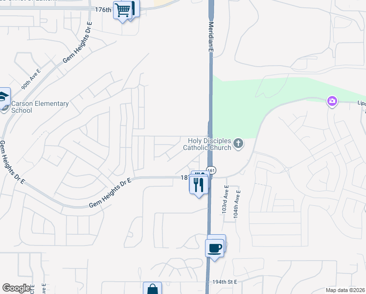 map of restaurants, bars, coffee shops, grocery stores, and more near 18502 101st Avenue East in Puyallup
