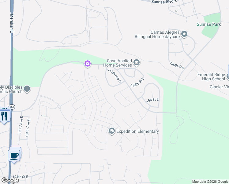 map of restaurants, bars, coffee shops, grocery stores, and more near 18508 112th Avenue East in Puyallup