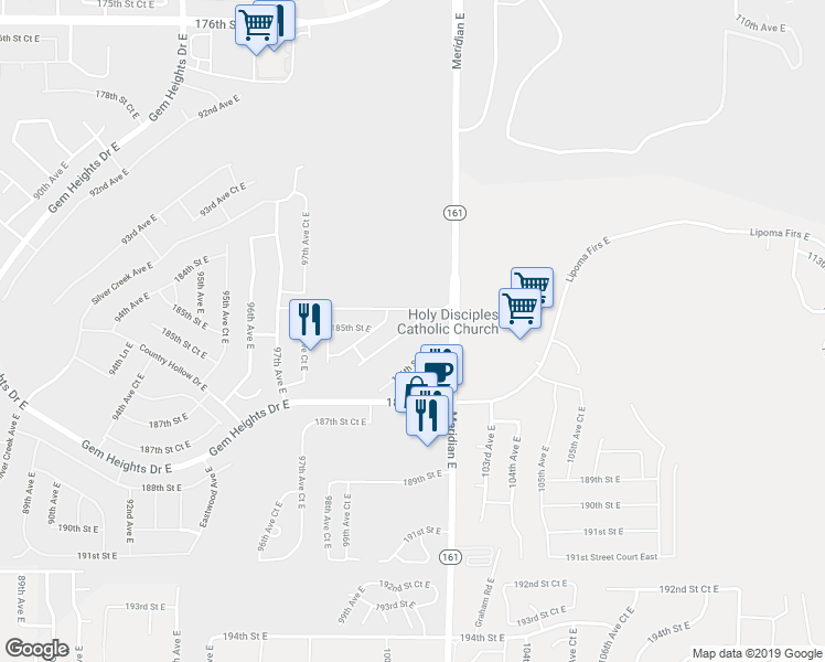 map of restaurants, bars, coffee shops, grocery stores, and more near 18412 101st Avenue East in Puyallup