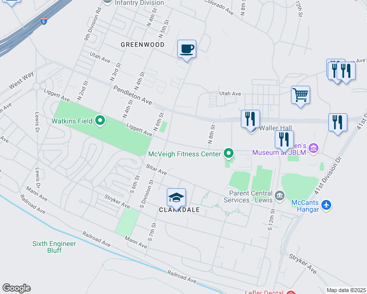 map of restaurants, bars, coffee shops, grocery stores, and more near 2202 Liggett Avenue in Lewis Mcchord