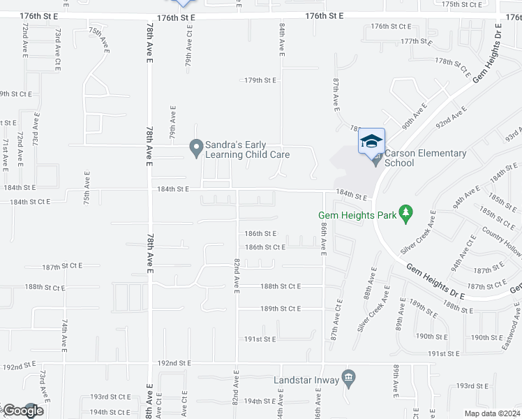 map of restaurants, bars, coffee shops, grocery stores, and more near 8314 184th Street Court East in Puyallup