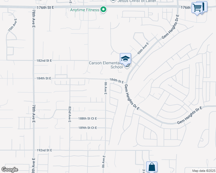 map of restaurants, bars, coffee shops, grocery stores, and more near 18412 86th Avenue Court East in Puyallup