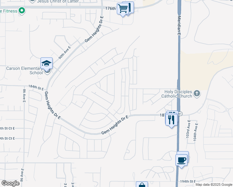 map of restaurants, bars, coffee shops, grocery stores, and more near 18451 95th Avenue Court East in Puyallup