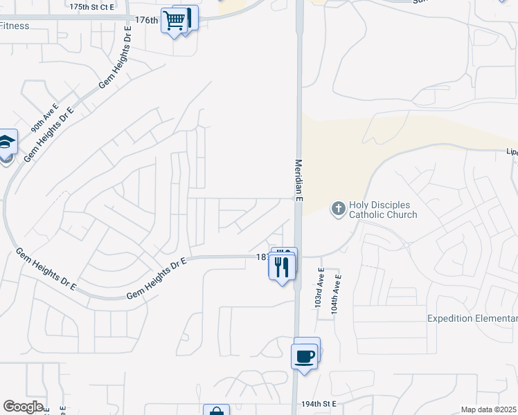 map of restaurants, bars, coffee shops, grocery stores, and more near 18502 101st Avenue East in Puyallup