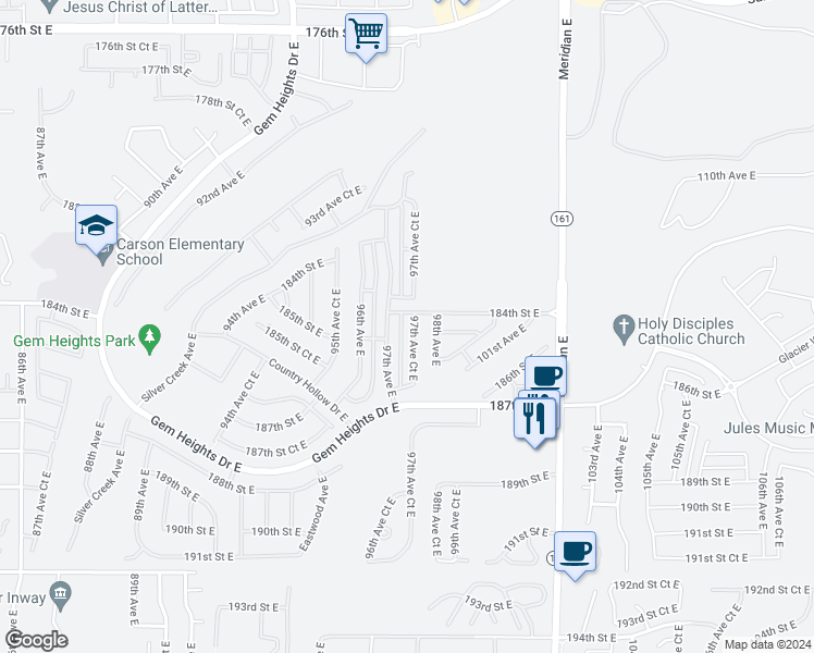 map of restaurants, bars, coffee shops, grocery stores, and more near 18422 97th Avenue Court East in Puyallup