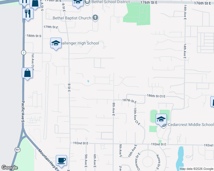 map of restaurants, bars, coffee shops, grocery stores, and more near 612 185th Street Court East in Spanaway