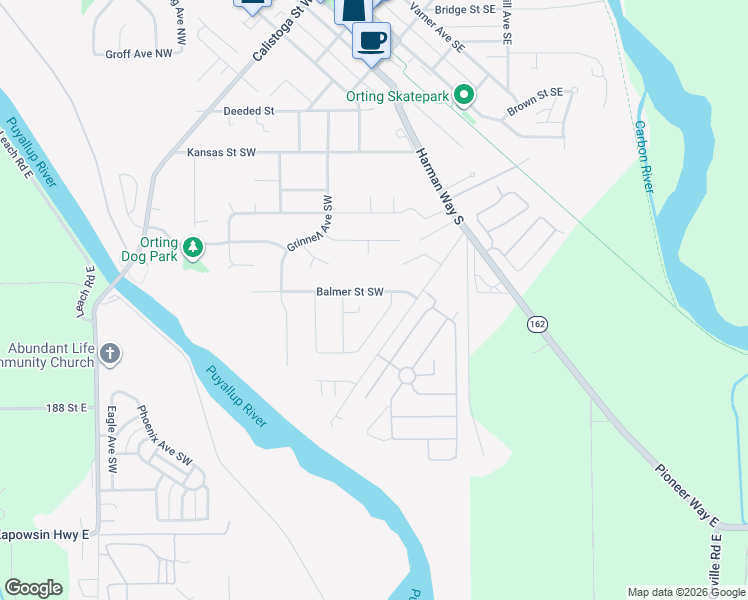map of restaurants, bars, coffee shops, grocery stores, and more near 310 Rushton Avenue Southwest in Orting