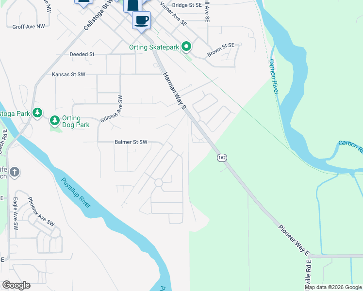 map of restaurants, bars, coffee shops, grocery stores, and more near 316 Willow Street Southwest in Orting