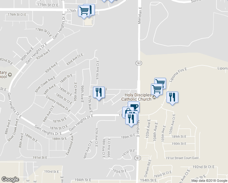 map of restaurants, bars, coffee shops, grocery stores, and more near 9826 184th Street East in Puyallup