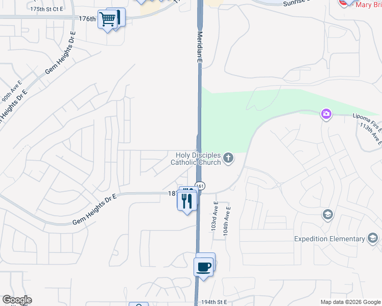 map of restaurants, bars, coffee shops, grocery stores, and more near 10109 186th Street East in Puyallup