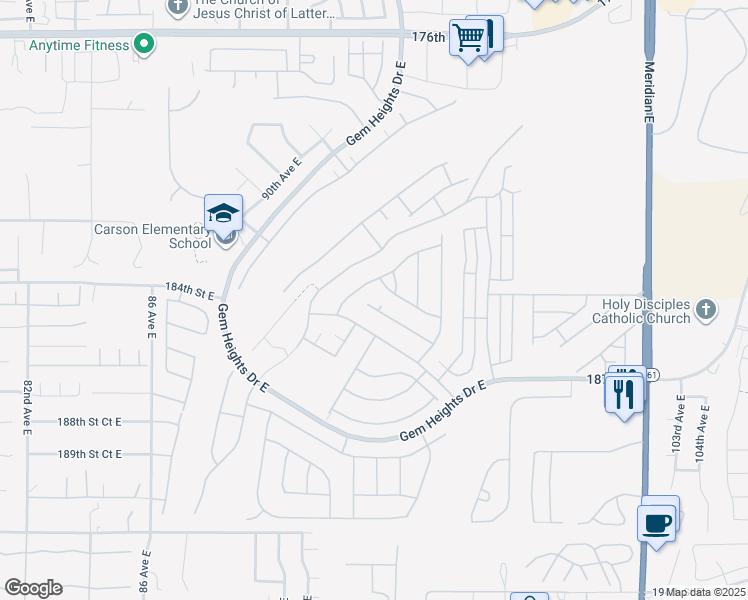map of restaurants, bars, coffee shops, grocery stores, and more near 9407 185th Street Court East in Puyallup