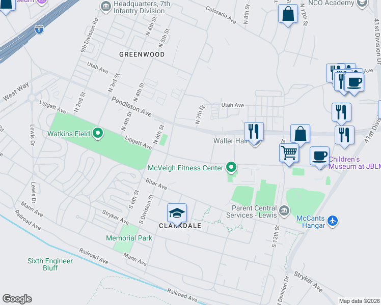 map of restaurants, bars, coffee shops, grocery stores, and more near 2202 Liggett Avenue in Lewis Mcchord