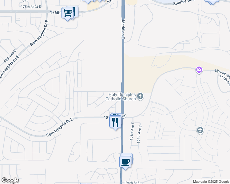 map of restaurants, bars, coffee shops, grocery stores, and more near 184TH Eastwood Avenue East in Puyallup